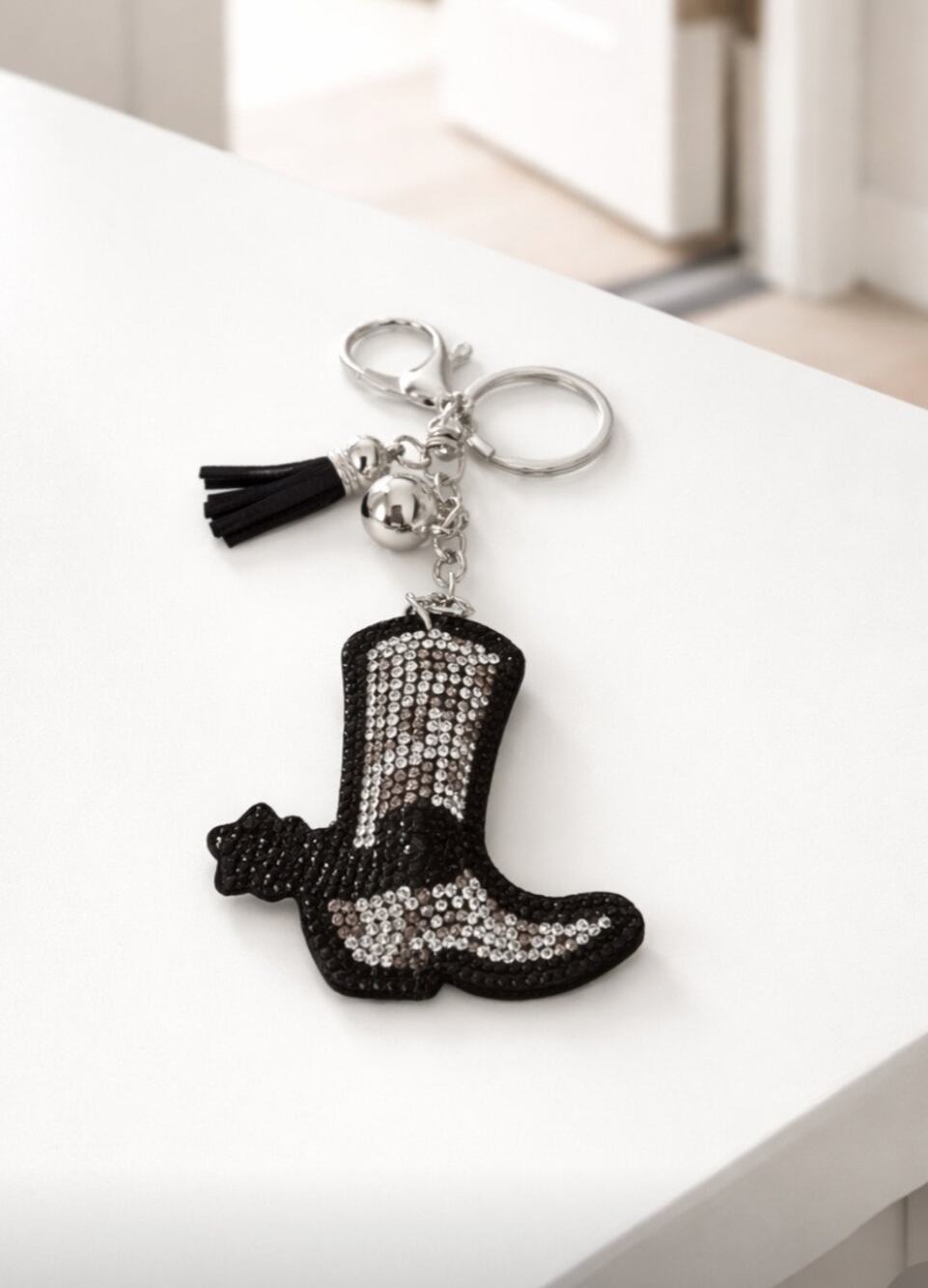 Rhinestone Black Cowboy Boot Bag Charm Key Chain New